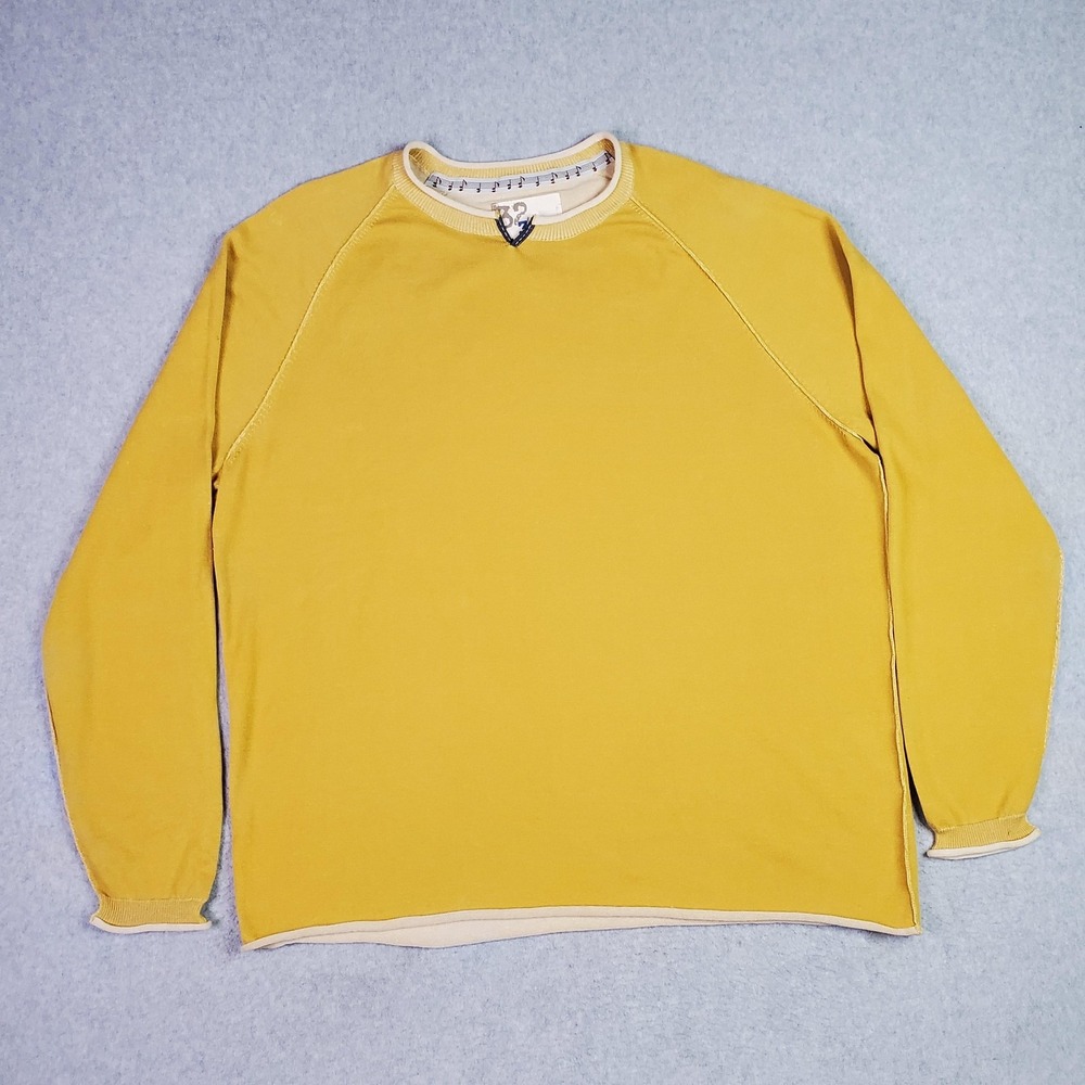 32 Bar Blues Sweater Mens 2XL Yellow Cotton Crewneck Long Sleeve Pullover Knit